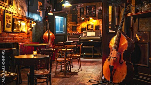 Charming jazz bar interior with warm lighting, wooden furniture, and a double bass, inviting a cozy atmosphere for musical evenings. photo