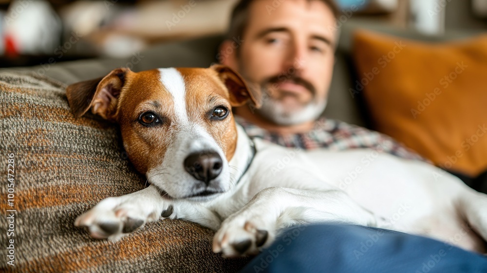 Obraz premium Dog lounging on a couch with owner, cozy indoor setting, comfortable atmosphere.
