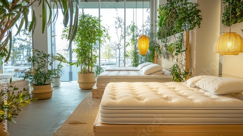 An environmentally friendly bed store with mattresses made from organic materials, showcased in a room with natural lighting and air-purifying plants