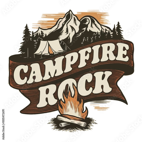 Vintage summer campfire rock in a circular shape, for t-shirt design. 