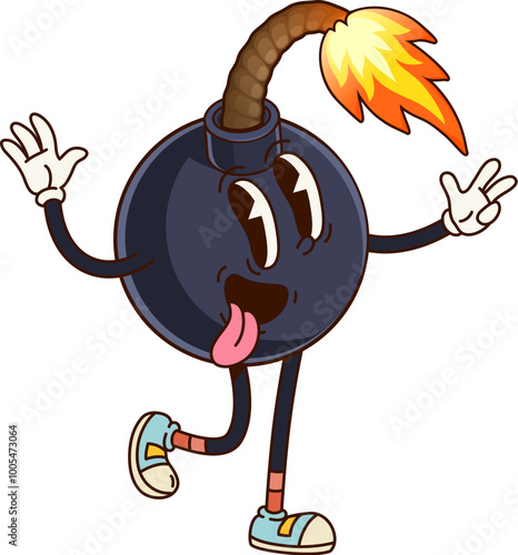 Groovy bomb character. Isolated cartoon vector explosive weapon personage with expressive eyes, tongue out, and sneakers, cheerfully waving as its fuse ignites, symbolizing energy and impending action