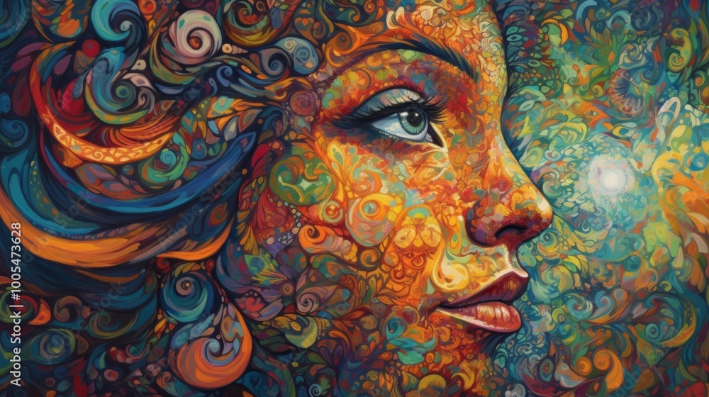 Naklejka premium A vibrant, abstract portrait blending colors and intricate patterns.