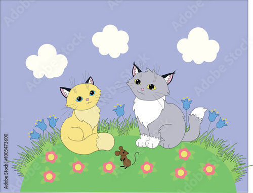 beige and gray cats are sitting on a summer meadow with flowers, a brown mouse is sitting nearby