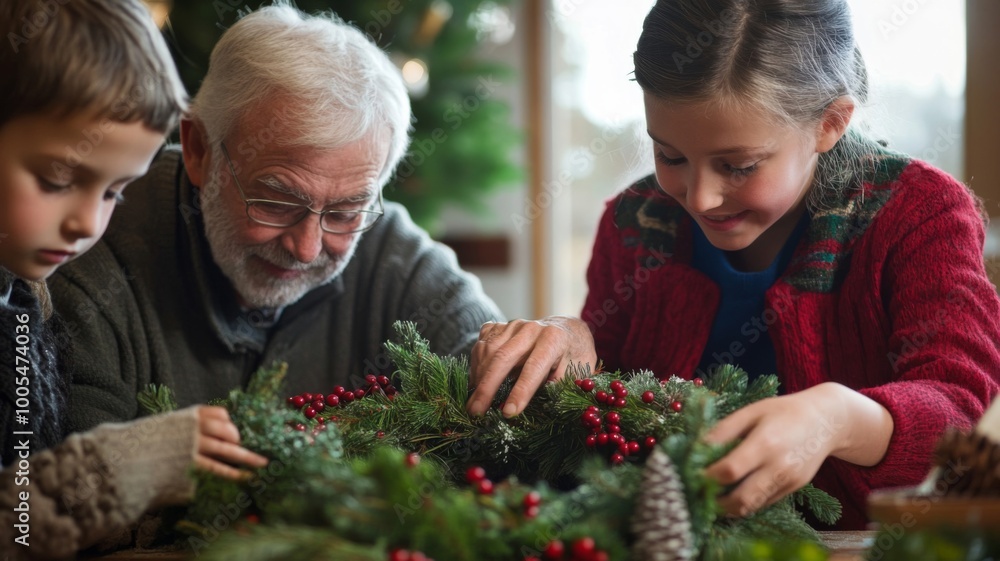 A family working together to create a Christmas wreath A family working together to create a Christmas wreath