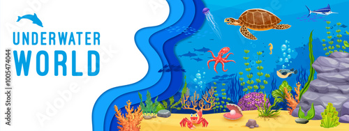 Oceanarium underwater world banner with sea animals and paper cut waves. Vector undersea landscape with cartoon turtle, fish shoals and swordfish, octopus and jellyfish swimming between seaweeds