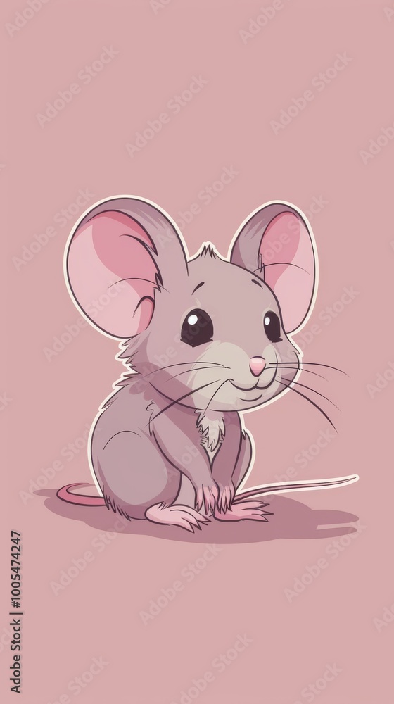 Fototapeta premium Adorable cartoon mouse with large ears and whiskers, sitting on a pink background. Perfect for children's books, posters, and greeting cards.