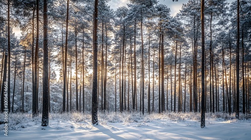 A snowy pine forest bathed in the golden light of the setting sun.