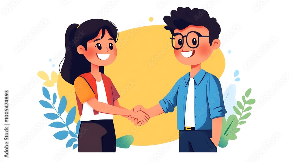 A man and a woman are shaking hands, both are smiling. They are standing on a yellow background with blue and green leaves on the sides. A man and a woman are shaking hands, both are smiling. They are standing on a yellow background with blue and green leaves on the sides.