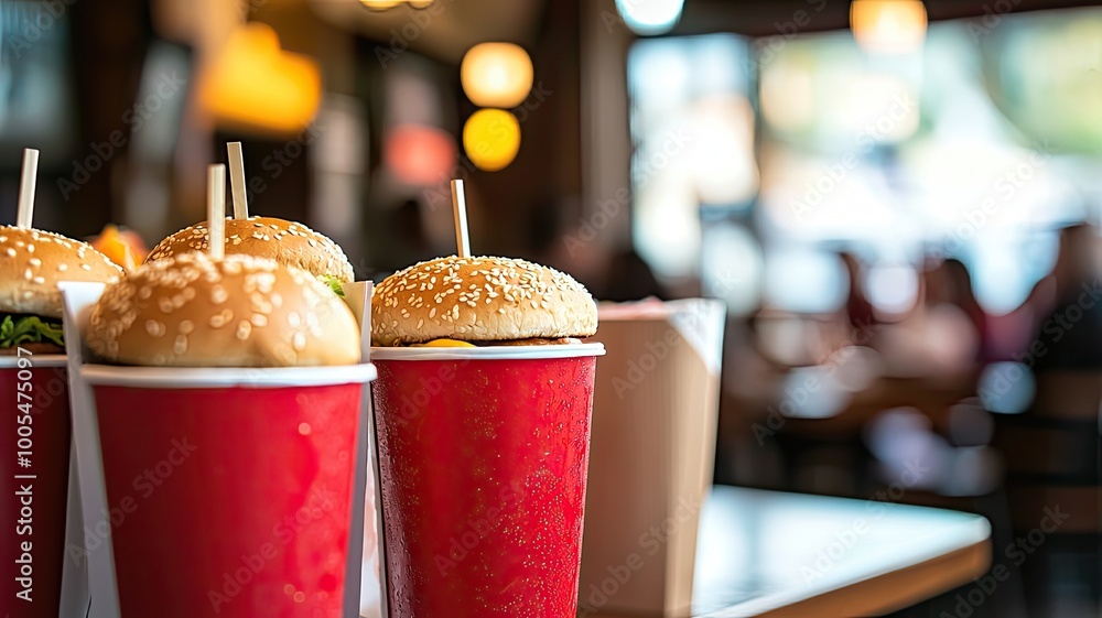 Delicious burgers and soft drinks ready for enjoyment in a vibrant restaurant setting, perfect for fast food cravings. Delicious burgers and soft drinks ready for enjoyment in a vibrant restaurant setting, perfect for fast food cravings.
