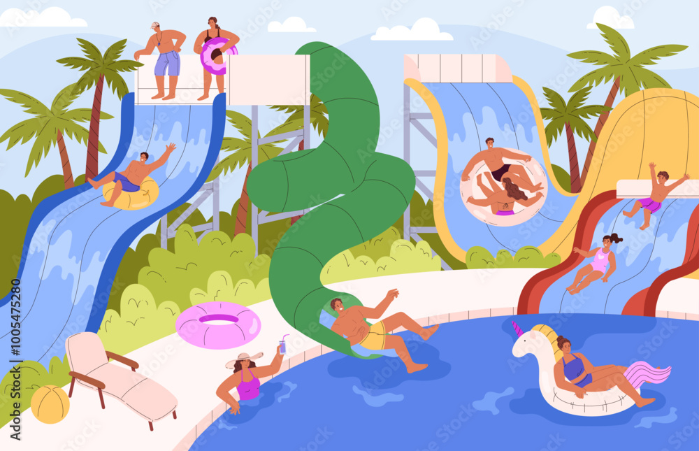Happy people in water park, enjoy aquapark vector flat illustration, sliding down a water slide pipes in swimming pool Happy people in water park, enjoy aquapark vector flat illustration, sliding down a water slide pipes in swimming pool