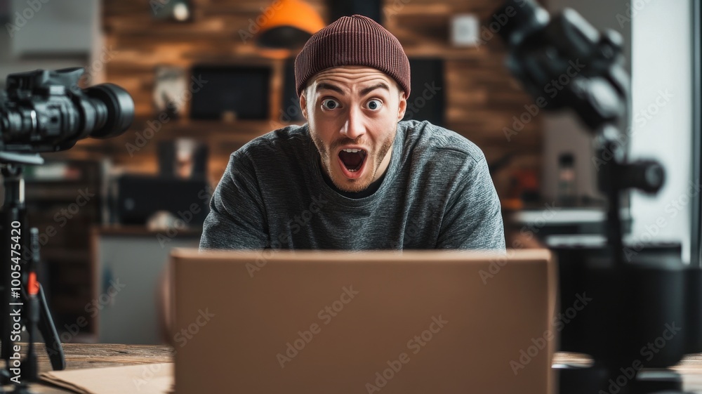 Excited man opening a box in a creative workspace with cameras around. Excited man opening a box in a creative workspace with cameras around.