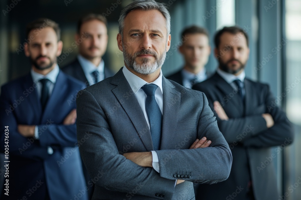 A confident businessman stands in front of his team, arms crossed, with a determined expression. A confident businessman stands in front of his team, arms crossed, with a determined expression.