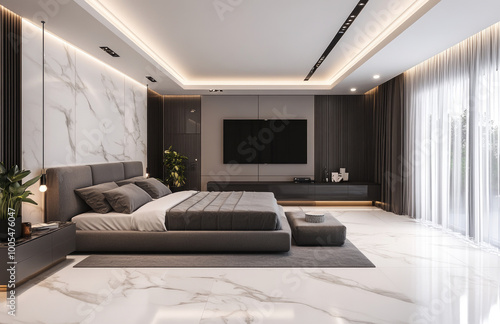 Modern minimalist style, living room with white marble floor tiles and TV wall, sofa in front of the window, black and gray color scheme on the walls. Created with Ai