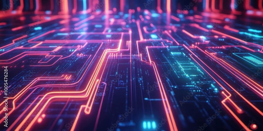Fototapeta premium a computer circuit with neons and red lights