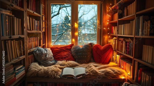 A cozy reading nook featuring heart shaped pillows a pile of books and warm ambient lighting