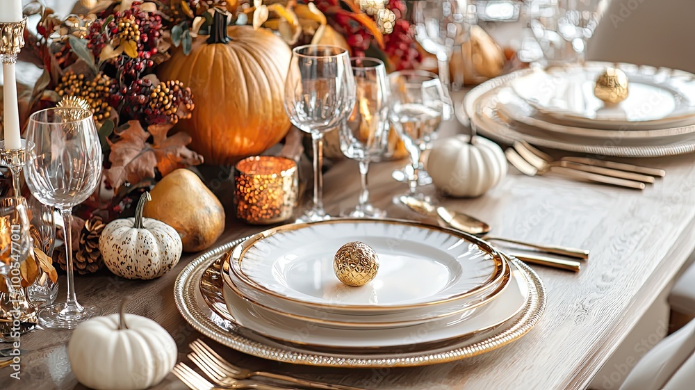 Elegant autumn dining table setup adorned with pumpkins, glassware, and gold accents for a festive gathering. Elegant autumn dining table setup adorned with pumpkins, glassware, and gold accents for a festive gathering.