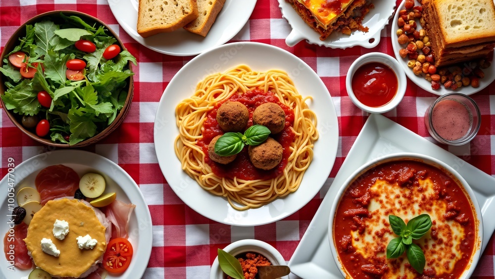 Top down view of a table full of italian with lots of side dishes and sauces Top down view of a table full of italian with lots of side dishes and sauces