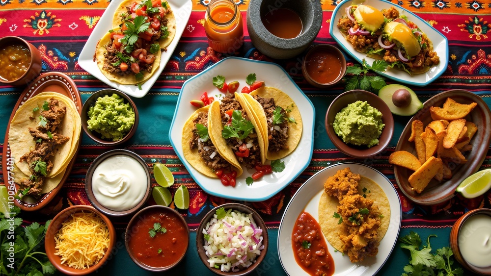 Top down view of a table full of Mexican tacos with lots of side dishes and sauces