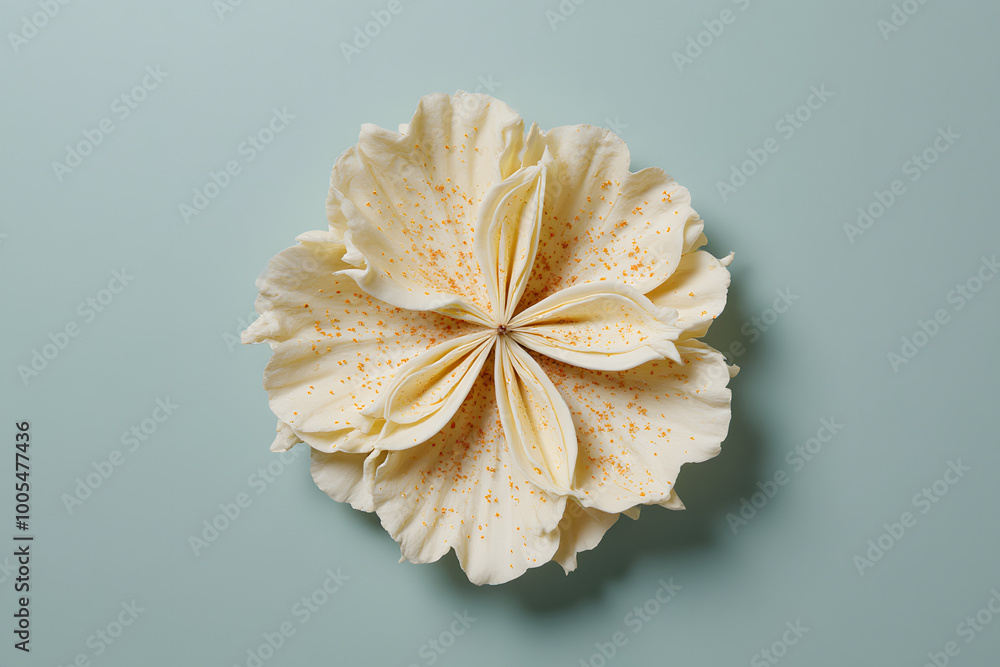 A delicate cream flower with spotted petals on a soft blue background, creating an atmosphere of spring freshness and elegance. A delicate cream flower with spotted petals on a soft blue background, creating an atmosphere of spring freshness and elegance.
