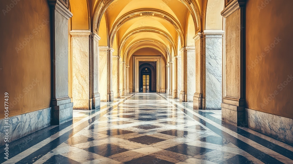 Fototapeta premium Elegant hallway with arches, illuminated by natural light, featuring intricate patterns and warm tones, creating a grand atmosphere.
