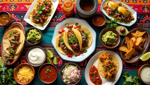 Top down view of a table full of Mexican tacos with lots of side dishes and sauces