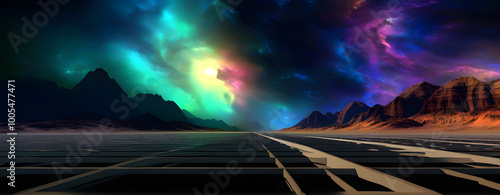 A surreal landscape with deserted and built-up areas and bright sky lights, creating a fantastic and mesmerizing atmosphere.