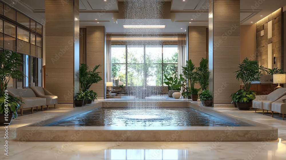Elegant hotel lobby featuring a serene water fountain, lush plants, and contemporary design elements, perfect for relaxation. Elegant hotel lobby featuring a serene water fountain, lush plants, and contemporary design elements, perfect for relaxation.