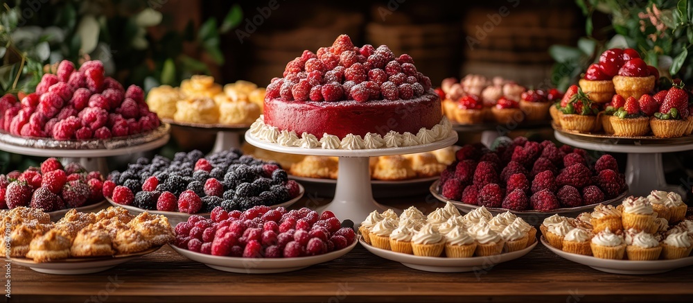 Fototapeta premium Dessert table with raspberries, cakes, and pastries.