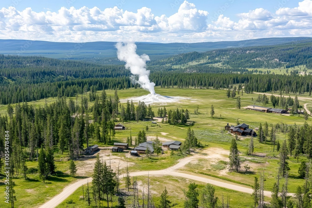Fototapeta premium Aerial view of geyser erupting in Yellowstone, steam rising, open landscape, room for text