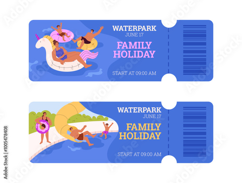 Vector tickets with scenes in a water park with people enjoying water slides, inflatable circles