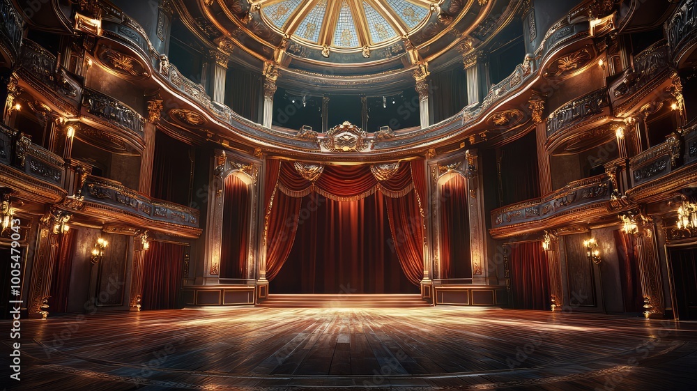 Obraz premium Elegant theater interior with grand stage, intricate architecture, and rich curtains, ideal for performances and events.