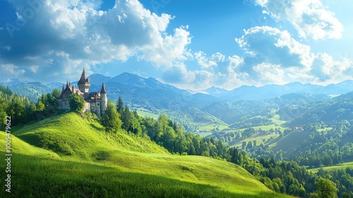 Enchanting castle nestled in lush green hills under a bright blue sky with fluffy clouds, evoking a sense of tranquility and adventure.