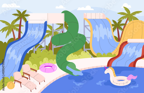 Vector illustration of a water park with many different water slides, tubing and inflatable circles