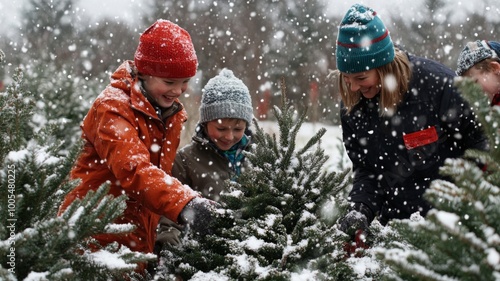 Family Selecting a Christmas Tree in the Snow