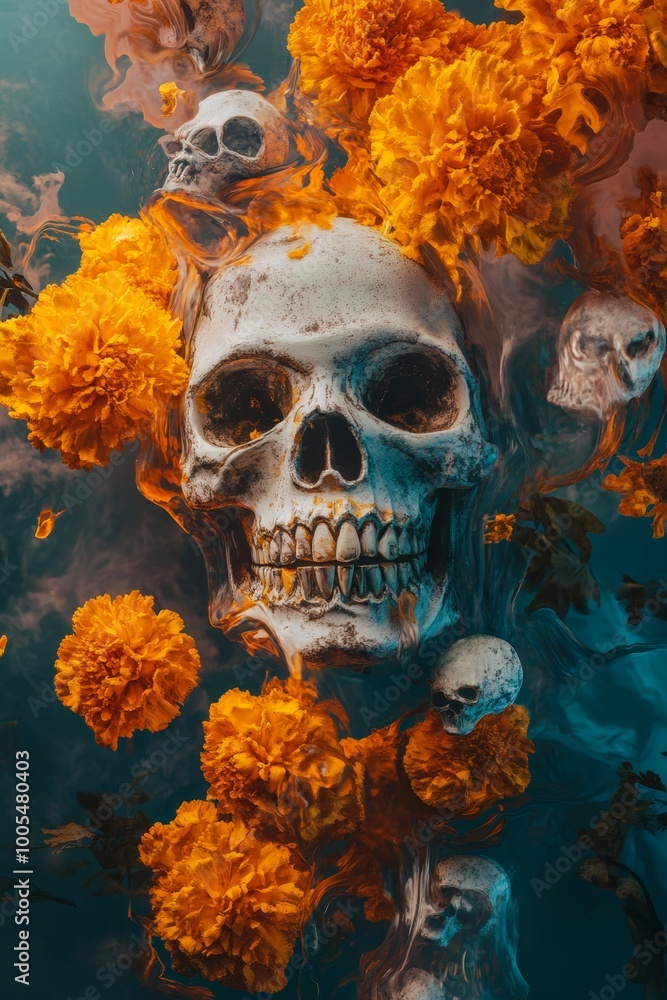 Surrealistic Day of the Dead featuring melting marigolds and floating skulls. Surrealistic Day of the Dead featuring melting marigolds and floating skulls.