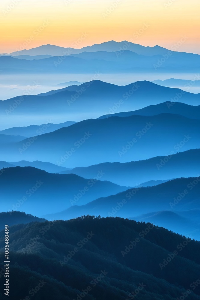 Fototapeta premium Soft gradient backdrop from lavender to white, wormseye view of mountain range at sunrise, sky available for text