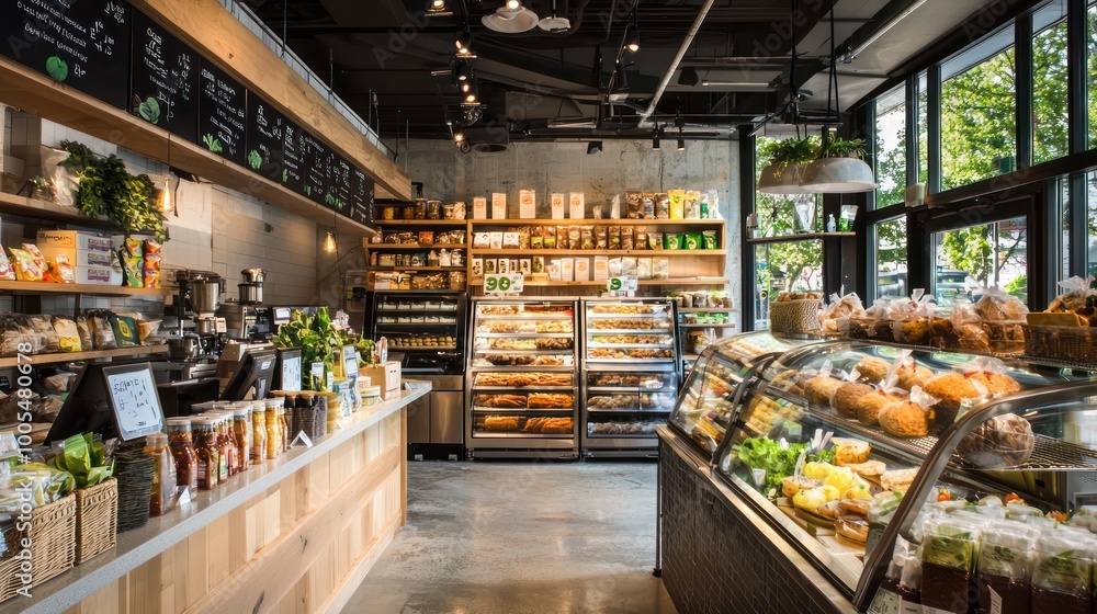 An organic deli featuring locally sourced ingredients, reusable packaging, and an interior design using recycled materials An organic deli featuring locally sourced ingredients, reusable packaging, and an interior design using recycled materials