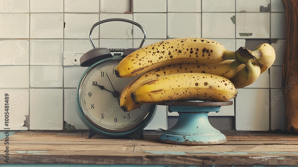 A group of ripe bananas slightly spotted resting beside vintage kitchen scale evoking classic farmhouse feel A group of ripe bananas slightly spotted resting beside vintage kitchen scale evoking classic farmhouse feel