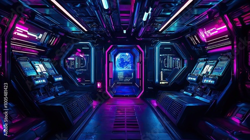 Futuristic sci-fi corridor with neon lights, advanced technology, and a vibrant atmosphere, perfect for a sci-fi setting.