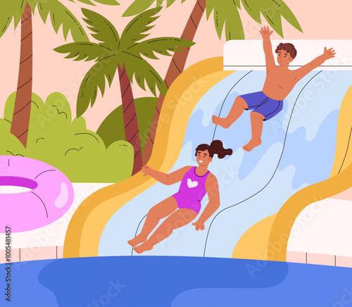 Kids in water park vector flat illustration, happy children enjoy aquapark, sliding down a water slide in swimming pool