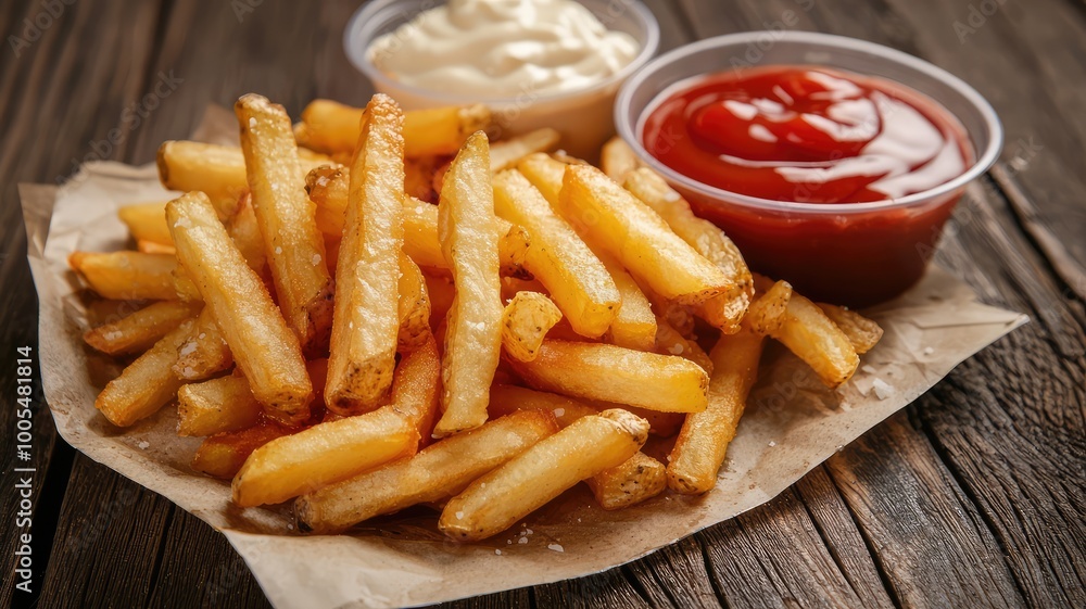 Golden crispy fries served with ketchup and mayonnaise on a rustic wooden table, perfect for snacking or sides. Golden crispy fries served with ketchup and mayonnaise on a rustic wooden table, perfect for snacking or sides.