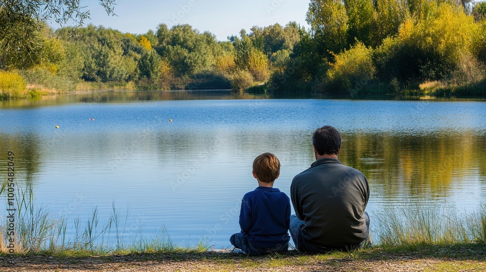 Father and son enjoying peaceful moment by tranquil lake surrounded by nature. Father and son enjoying peaceful moment by tranquil lake surrounded by nature.