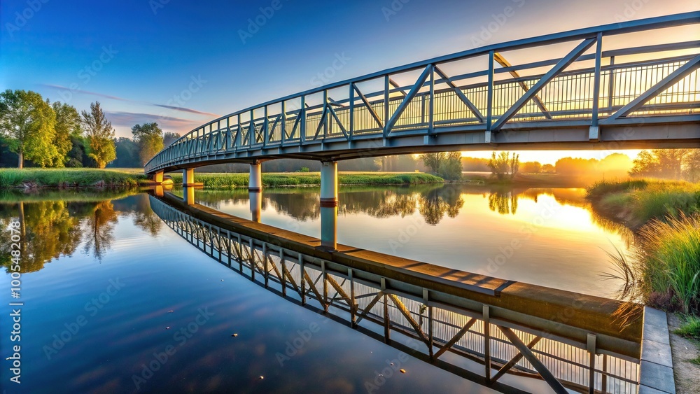 Panoramic bridge for pedestrians over river during early morning colors Panoramic bridge for pedestrians over river during early morning colors