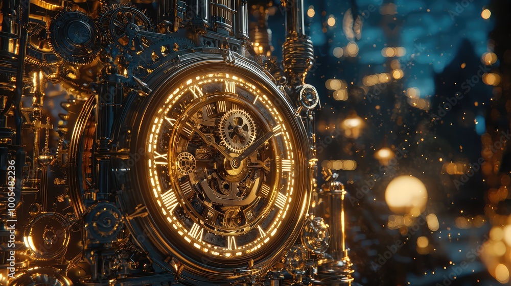 Intricate steampunk clock with golden gears and glowing lights, creating a mesmerizing mechanical masterpiece. Intricate steampunk clock with golden gears and glowing lights, creating a mesmerizing mechanical masterpiece.