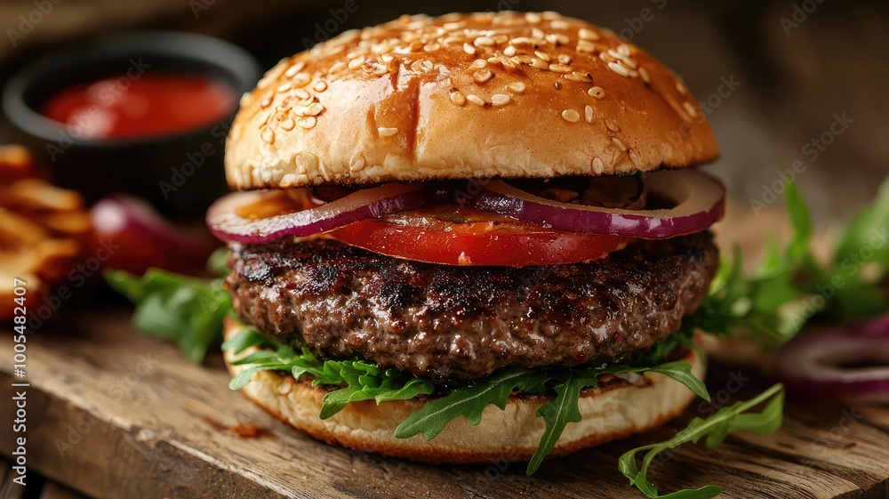Juicy hamburger with fresh toppings, served on a toasted sesame bun. Perfect for food lovers and gourmet enthusiasts. Juicy hamburger with fresh toppings, served on a toasted sesame bun. Perfect for food lovers and gourmet enthusiasts.