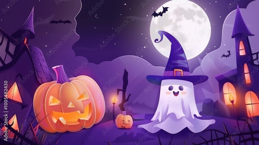 Cute Halloween scene with ghost and pumpkin concept Cute Halloween scene with ghost and pumpkin concept