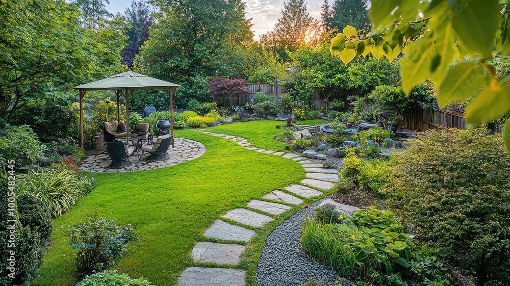 Obraz premium Lush garden pathway leading to a quaint gazebo, surrounded by vibrant greenery and colorful flowers. Ideal for relaxation and nature lovers.