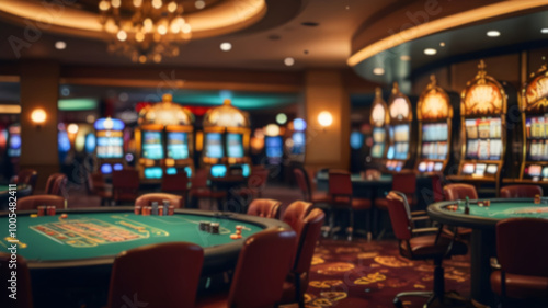 Abstract blur image of casino and gambling room interior for background usage.