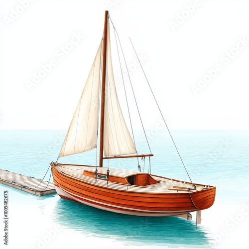 A watercolor of sailing boat on calm water, isolated on white background.