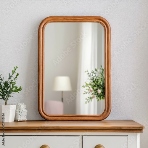 Wooden framed mirror on a dresser with a plant and lamp in the background.
